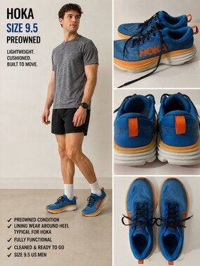 HOKA Bondi Running Shoes Men’s 9.5 Blue Orange Athletic Sneakers Preowned